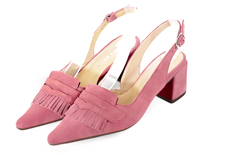 Carnation pink women's slingback shoes. Pointed toe. Medium block heels. Front view - Florence KOOIJMAN